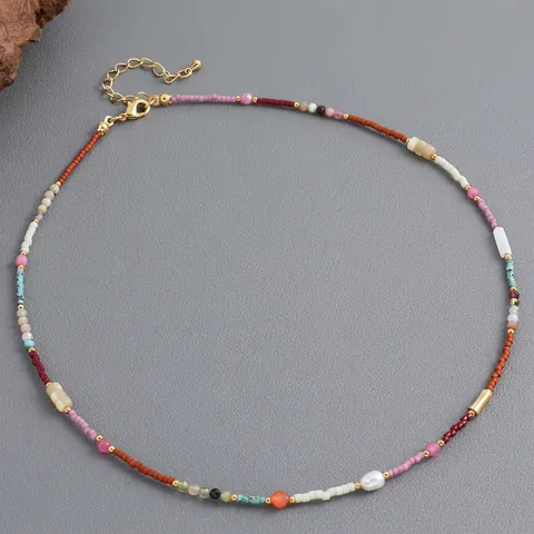 Bohemian Multicolored Handmade Beaded Necklace With Natural Stone Freshwater Pearl Shell Choker Ethnic Retro Jewelry For Women