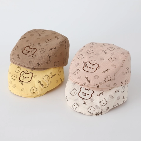 Baby Katoenen Baret Beer Print Borduurwerk Zonbescherming Ademend Verstelbare Riem Peuter Uitje Pet Unisex