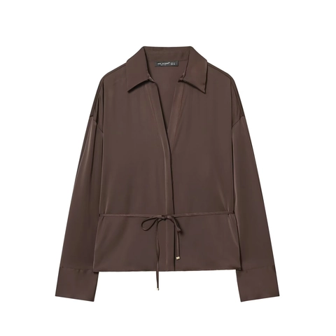 Women Satin Long Sleeve Blouse Shirt With Waist Tie Lapel Solid Coffee Brown Casual Office Chic Top