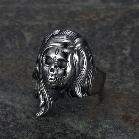 Gothic Skull Girl Face Ring Stainless Steel Long Hair Retro Punk Biker Hip Hop Jewelry For Women And Men
