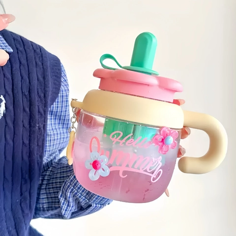 Simpatica Bottiglia Acqua In Plastica Fiore Estivo Con Cannuccia E Manico Infusore Tè Portatile Bicchiere Ermetico