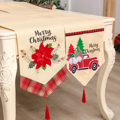 Christmas Table Runner Faux Linen Merry Christmas Red Truck Poinsettia With Tassel Holiday Home Party Decor