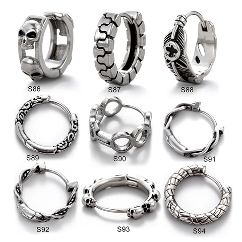 Orecchini a Cerchio Punk in Acciaio Inossidabile Per Uomo Donna Teschio Piuma Croce Motivo Geometrico Gothic Piercing Gioielli