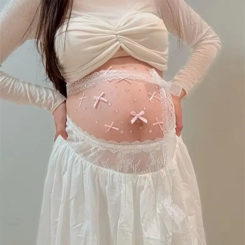 Abbigliamento Fotografia Maternità Top Pizzo Spalle Scoperte E Gonna Lunga Fiocco Decorazione Pancia Per Donne Incinte Ritratto Studio