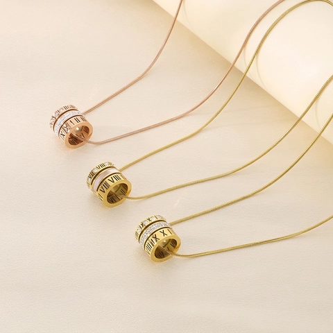 Stainless Steel Roman Numeral Cylinder Pendant Necklace For Women Gold Silver Rose Gold Rhinestone Shell Inlaid Snake Chain Necklace Jewelry