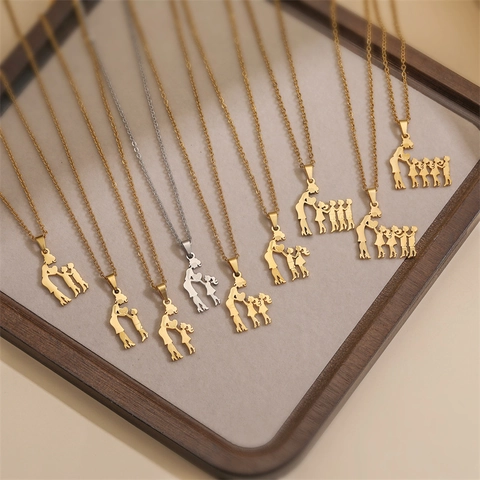 Stainless Steel Mother Child Silhouette Pendant Necklace Family Heart Design Mother's Day Gift For Women Mom