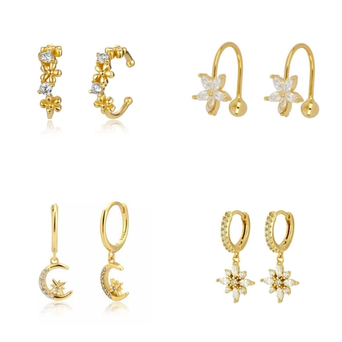 Luxus Kupfer Zirkonia Eingelegt Stern Mond Blume Ohrringe Für Damen Elegante Gold Silber Überzogene Ear Cuffs Mode Schmuck