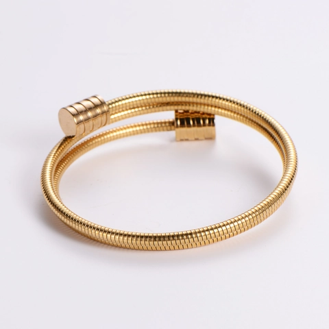 Men Cuff Bracelet 18K Gold Plated Stainless Steel Multi Layer Cable Wire Spiral Elastic Adjustable Opening Hip Hop