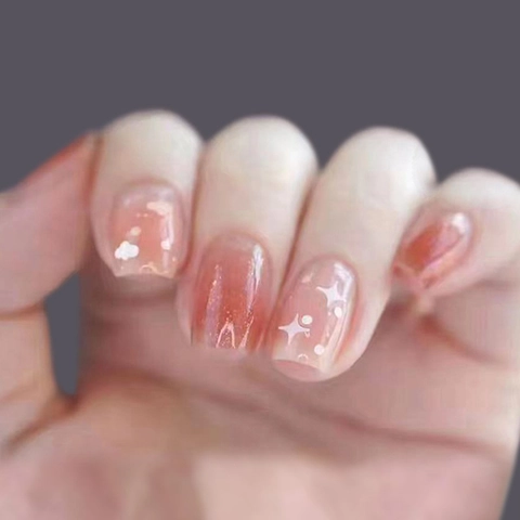Short Square Press On Nails Pink Gradient Star Cloud Pattern Shiny Glitter Artificial False Nails With Glue Sweet Cute