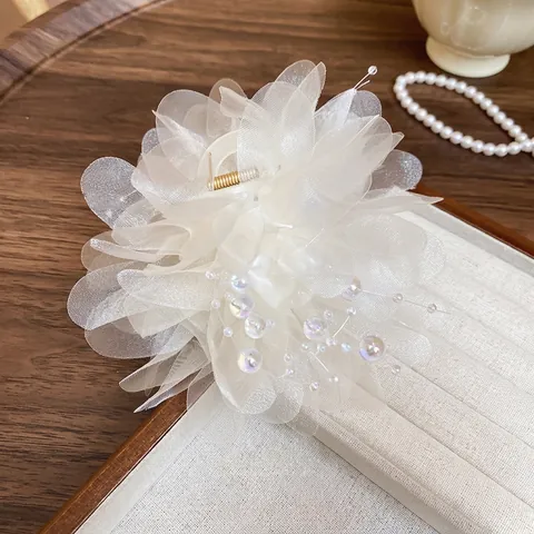 Large Flower Hair Claw Clip Organza Mesh Fabric With Faux Artificial Pearl And Beads Elegant Korean Style Sweet Hair Accessories