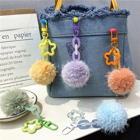 Cute Plush Pom Pom Keychain Faux Fur Ball Bag Charm With Acrylic Star Chain Colorful Key Ring For Backpack Decoration