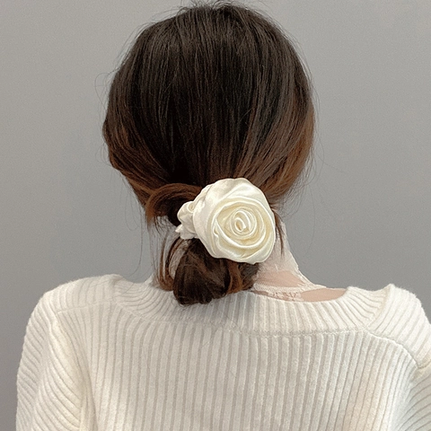 Rozenbloem Scrunchie Satijn Satijn Grote Haarelastiek Franse Retro Elegante Paardenstaarthouder Voor Dames Meisjes