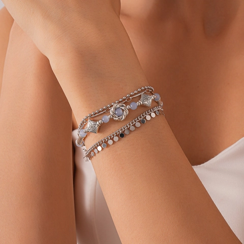 Mehrlagiges Armband Legierung Glas Geometrisch Hellblaue Perlen Böhmisch Vintage Ethnischer Schmuck Für Frauen