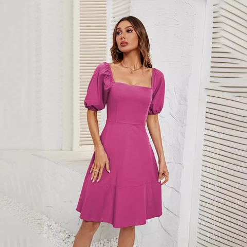 Square Neck Puff Sleeve Dress Women Polyester Solid Color Short Mini A-Line Slim Fit Casual Summer Fashion Elegant
