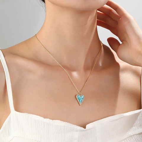Heart Pendant Necklace Gold Plated Copper With Colorful Enamel And Cubic Zirconia Minimalist Clavicle Chain For Women