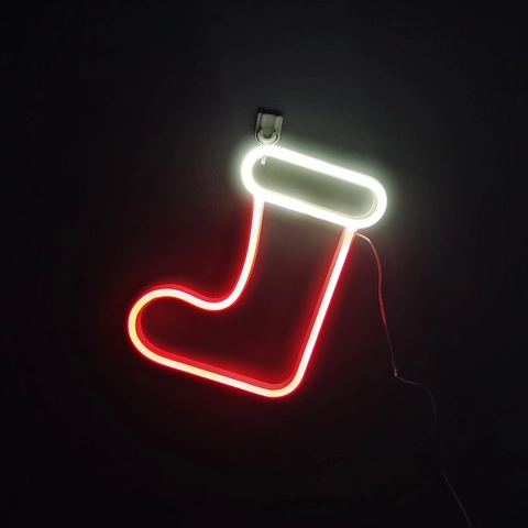 Calcetín De Navidad Luz De Neón LED Rojo Blanco Doble Alimentación Batería USB Decoración Pared Luz Nocturna Cartel Festivo