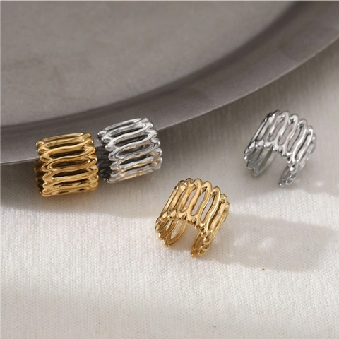 Manchettes D'Oreille En Acier Inoxydable 316 Pour Femmes Géométriques Multicouches Rayées Creuses Boucles Sans Percer