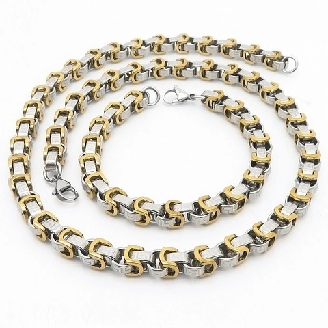 Byzantine Chain Necklace And Bracelet Stainless Steel Greek Key Pattern Hip Hop Punk Jewelry For Men