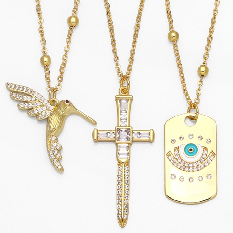 Collana Con Ciondolo In Rame Placcato Oro Zircone Colibrì Croce Malocchio Smalto Goccia D'olio Gioielli Di Nicchia Per Donne
