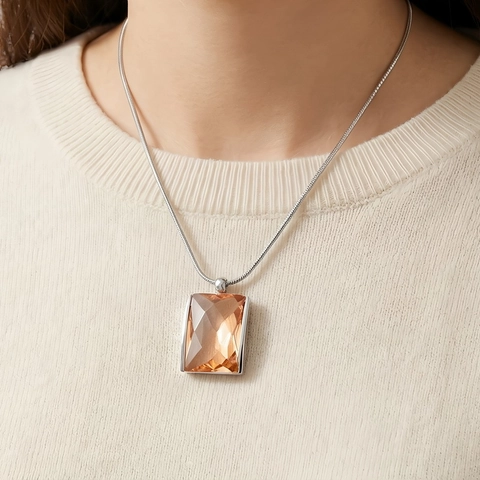 Square Glass Crystal Pendant Necklace Stainless Steel 18K Gold Plated Snake Bone Chain Vintage Geometric For Women