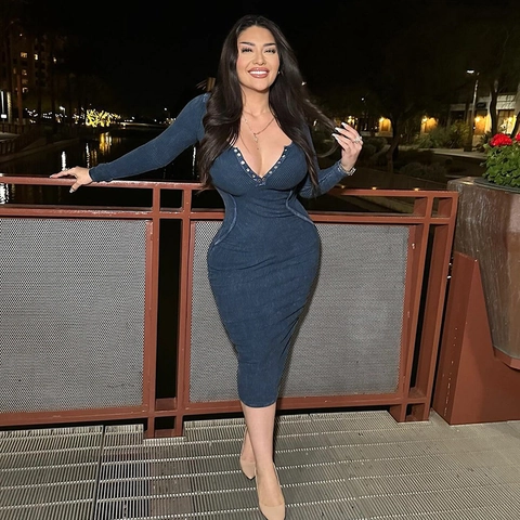 Ribbed Knit Midi Dress V Neck Metal Eyelet Long Sleeve Slim Fit Bodycon Solid Color Elegant Women Fashion