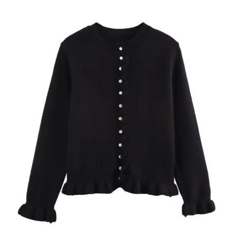 Women Knitted Cardigan Round Neck Long Sleeve Ruffle Trim Frill Hem Sweet Elegant Button Down Sweater Top