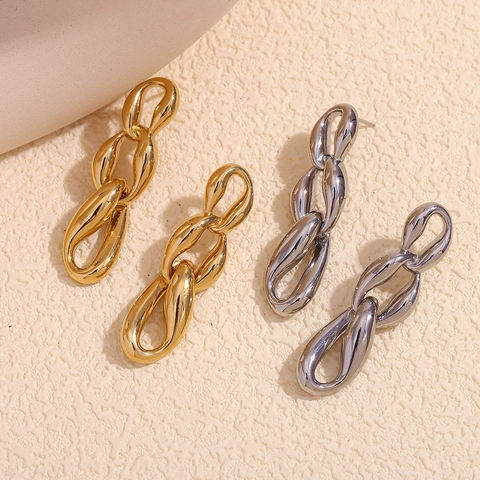 Onregelmatige Schakelketting Oorbellen 18K Verguld Roestvrij Staal Drievoudige Ring Druppeloorbellen Voor Dames Minimalistische Mode-Sieraden Spiegelglans