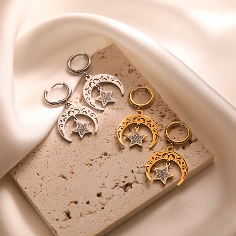 Orecchini Pendenti Sole Luna Stella In Acciaio Al Titanio Con Rinestones Placcati In Oro Design Mezzaluna Vuota