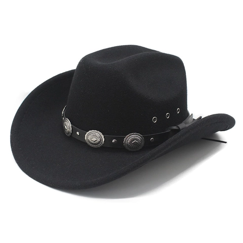 Western Cowboy Hat Wide Brim Cotton Polyester Felt Fedora With Leather Band Metal Conchos Ethnic Unisex