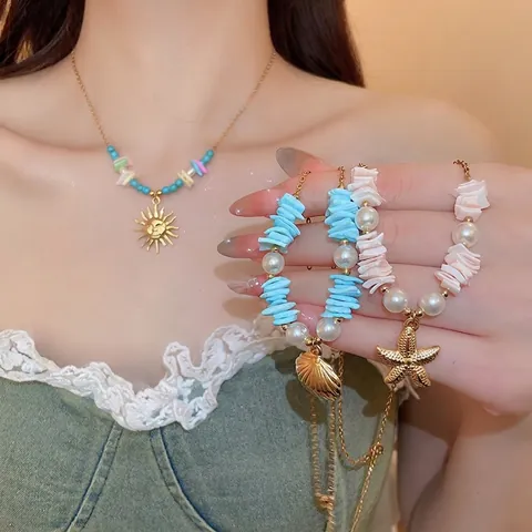Collar Colgante Estrella De Mar Concha Perla Artificial Estilo Vacaciones Playa Verano Joyería Aleación Chapado Oro Mujeres
