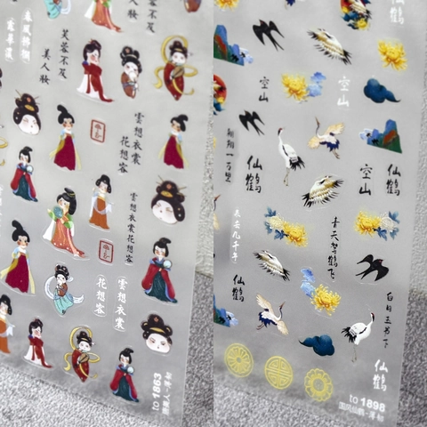 Chinesischer Stil Nagelkunst Aufkleber Selbstklebend Tang Dynastie Dame Kranich Muster 5D Textur Maniküre Dekoration PET
