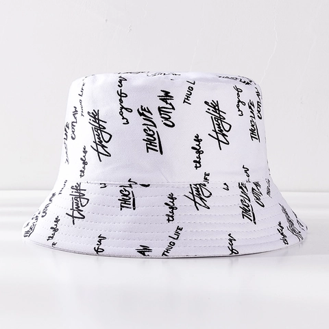 Cappello Da Pescatore Reversibile In Cotone Stampa Lettere Graffiti Streetwear Pieghevole Protezione Solare Unisex
