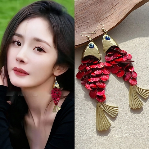 Pendientes Colgantes Con Forma De Pez Borla De Concha Con Poste De Plata De Ley 925 Estilo Chino Vintage