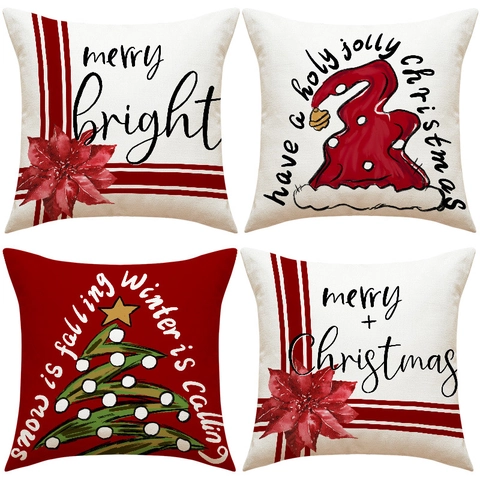 Funda De Almohada De Navidad Decorativa Lino Flor De Pascua Roja Hogar Sofá Decoración Festivo