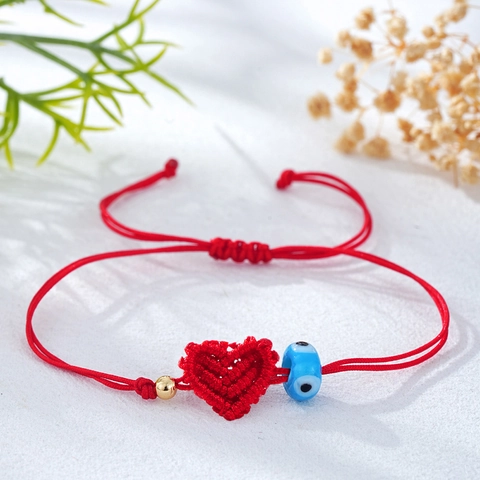 Handmade Adjustable Red String Bracelet With Woven Heart And Glass Evil Eye Bead Alloy Metal Detail For Women Friends