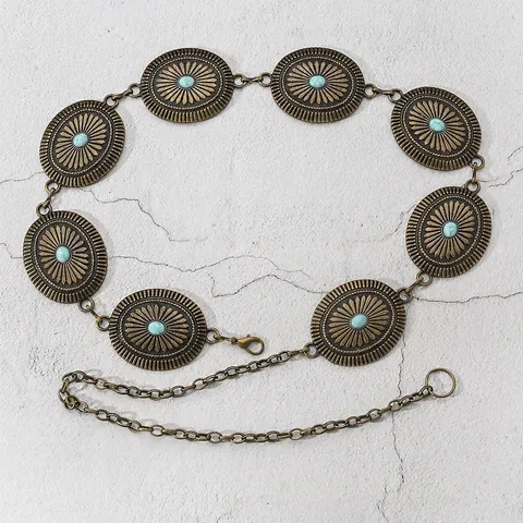 Cinturón de Cadena de Cintura de Aleación de Bronce Retro Bohemio con Incrustaciones de Turquesa Artificial Patrón de Girasol para Mujeres