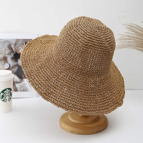 Women Wide Brim Straw Hat Woven Sun Protection Foldable Beach Summer Breathable Adjustable For Lady Elegant Style