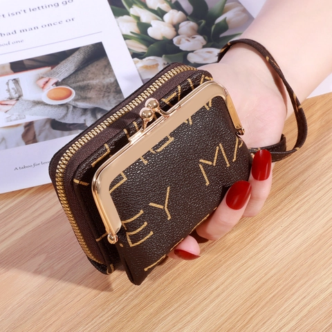 Vintage PU Leather Women Wallet Kiss Lock Zipper Coin Purse Multi Card Slot Card Holder Large Capacity Wristlet Handbag