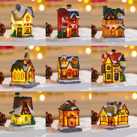 Christmas Miniature House Ornament Resin LED Luminous Snow Village Desktop Decoration Festive Gift Novelty European Style