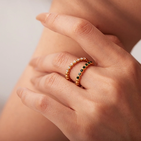 18K Vergulde Roestvrijstalen Kralen Ring Verstelbare Open Zirkoon Elegante Groene Witte Stenen Sieraden Voor Dames