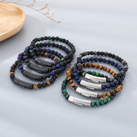 Men Beaded Bracelet Natural Tiger Eye Stone Lava Rock Stainless Steel Clasp Retro Handcrafted Fashion Jewelry Gift