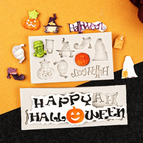 Halloween Silicone Mold Pumpkin Ghost Mummy Witch Hat Letters Fondant Chocolate Candy Cake Decorating Baking Tool DIY