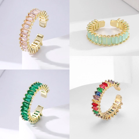 Adjustable Open Ring Baguette Cut Colorful Cubic Zirconia Copper Gold Plated Vintage Luxury Fashion Jewelry For Women