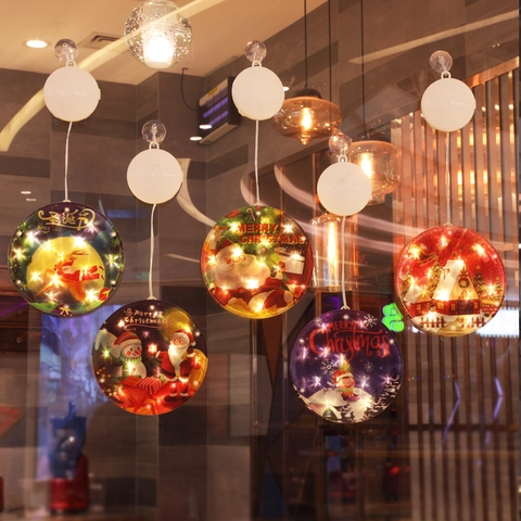 LED Christmas Window Hanging Lights Suction Cup Battery Operated Plastic Warm White Glow Santa Snowman Patterns Indoor Decor