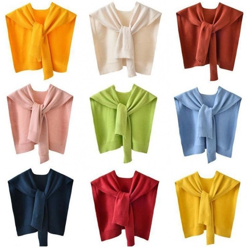 Gebreide Sjaal Dames Schouderwikkel Effen Kleur Geknoopte Valse Kraag Lichtgewicht Decoratief Vest Kaap Accessoire