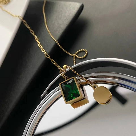 Vintage Smaragdgrün Strass Anhänger Halskette Für Damen Titanstahl Verstellbare Einfache Schlüsselbeinkette Schmuck