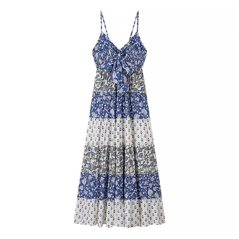 Vestito Lungo Floreale Patchwork Spalline Sottili Scollo A V Fiocco Sul Retro Senza Maniche Boho Estate Vacanze Abito Lungo Donna