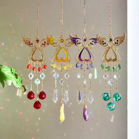 Crystal Angel Suncatcher Angel Wing Heart Prism Rainbow Maker Hanging Ornament Window Garden Home Decoration Gold Alloy