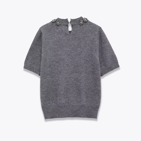 Maglione In Maglia Donna Elegante Maniche Corte Colletto Con Perline Decorazione Strass Girocollo Grigio Top