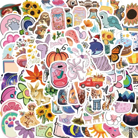 Wasserdichte PVC Cartoon Aufkleber Decals Für Laptop Koffer Gitarre DIY Ästhetik Tier Pflanze Essen Dekoration